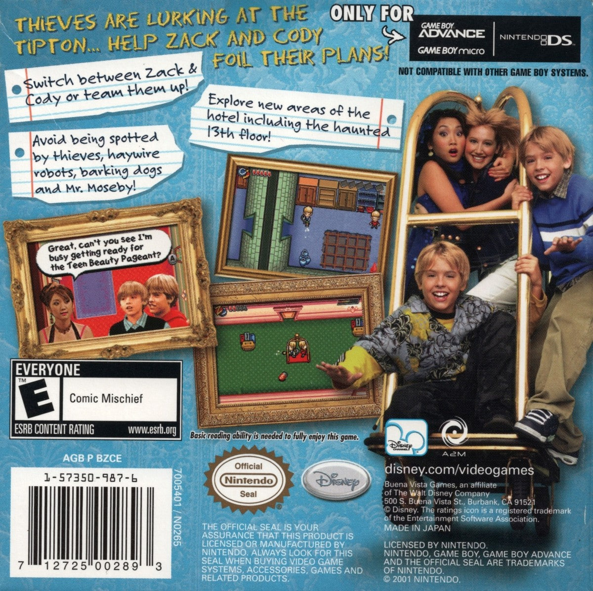 Suite Life of Zack and Cody Tipton Caper for Game Boy Advance, back of case for an action platformer video game with side-scrolling gameplay, stealth elements, puzzle challenges, and TV show-inspired adventure