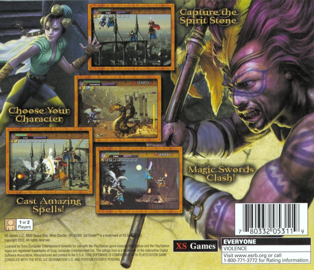 Sol Divide PlayStation PS1 for shoot em up video game fans featuring side scrolling arcade action fantasy themed aerial combat magical spell attacks multiple playable characters fast paced gameplay classic 2D shooter collectible gaming appeal back cover art