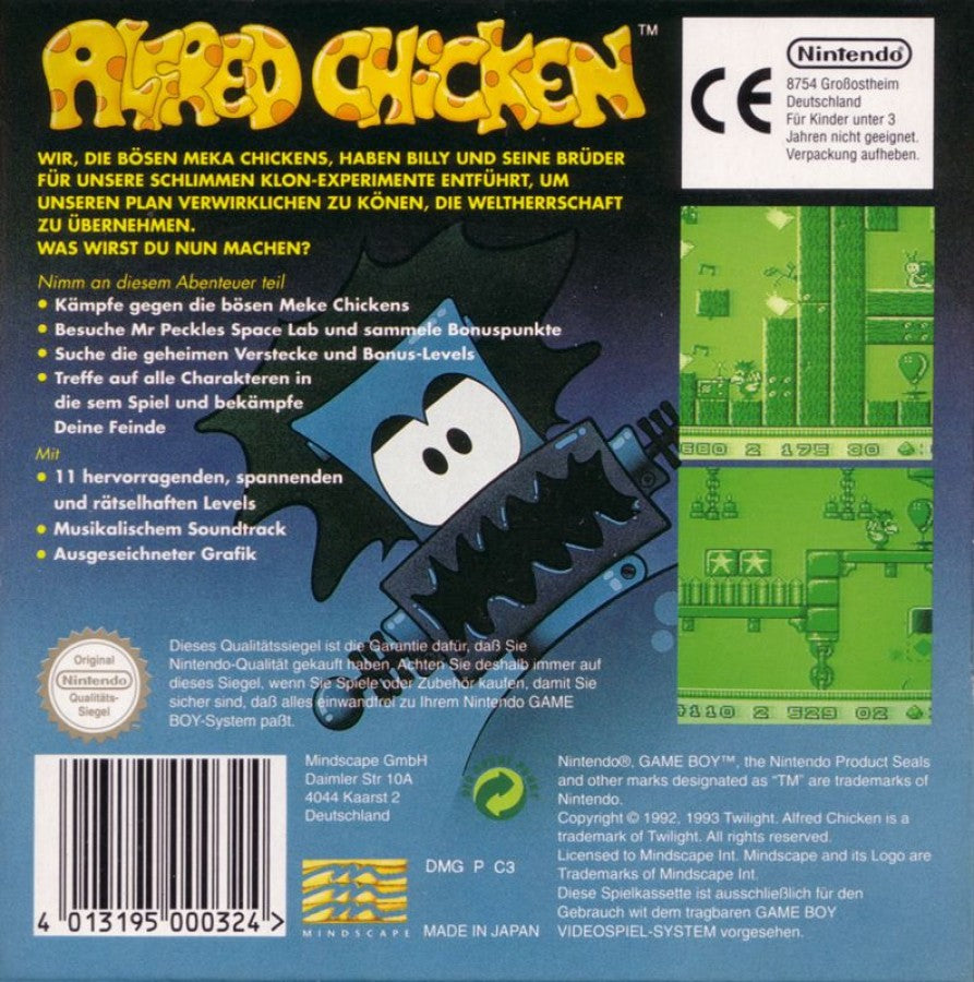 Alfred Chicken back cover art for Game Boy (GB) video game