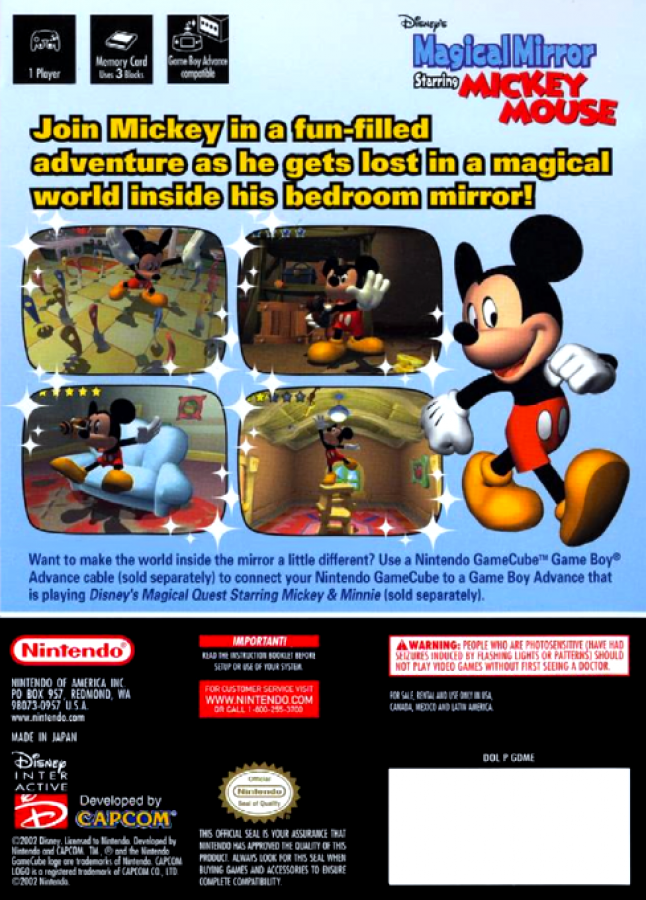 Back cover for Disney’s Magical Mirror Starring Mickey Mouse GameCube game featuring family-friendly adventure gameplay and interactive storybook puzzles