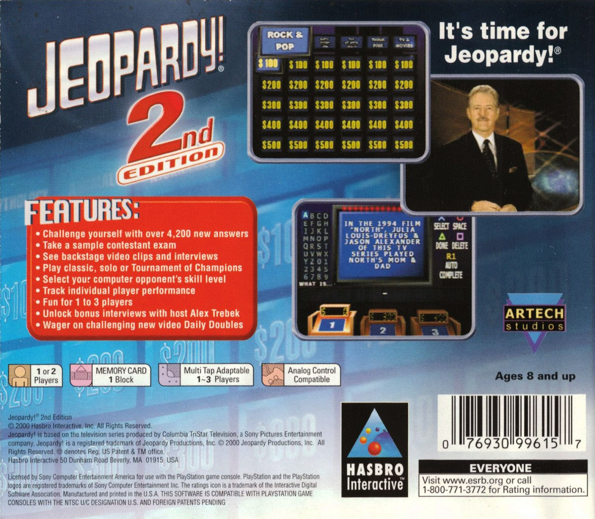 Jeopardy! 2nd Edition for PlayStation 1 trivia game featuring the authentic Jeopardy game show format voiceovers multiple difficulty levels multiplayer support and classic quiz show gameplay experience back cover