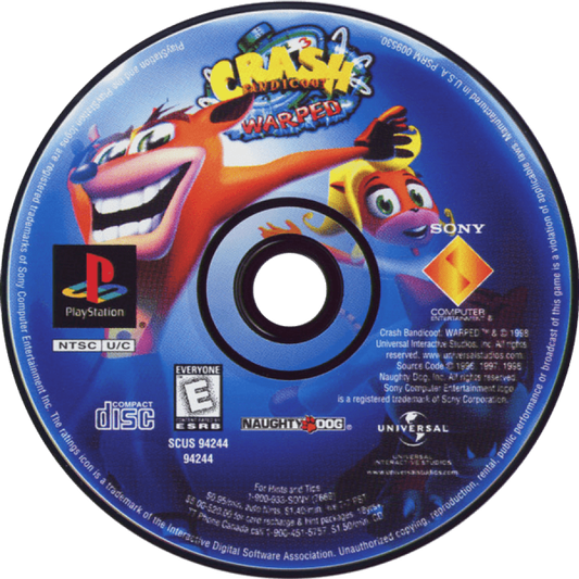 Crash Bandicoot: Warped disc for PlayStation 1 (PS1) retro video game