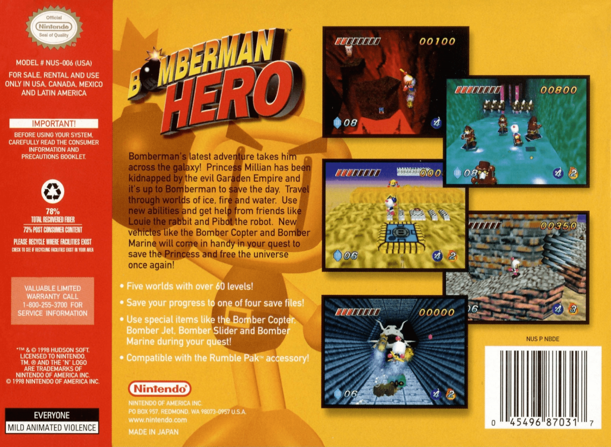 Bomberman Hero back cover art for Nintendo 64 N64 video game