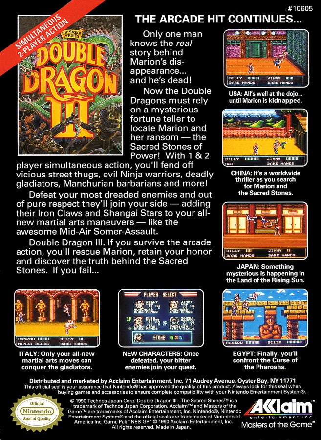 Double Dragon III The Sacred Stones NES Nintendo Entertainment System beat em up side scrolling brawler martial arts combat co op multiplayer arcade style Technos Japan retro 8 bit gaming cartridge video game title rear art