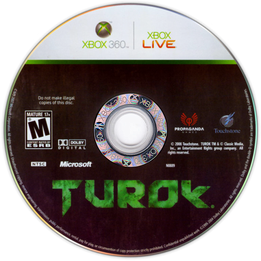 Turok for Xbox 360 first person shooter video game featuring brutal dinosaur combat jungle environments intense survival action and classic sci fi shooter franchise experience disc