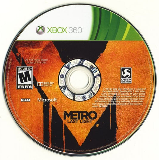 Metro: Last Light disc for Xbox 360 (X360) post-apocalyptic first-person shooter video game