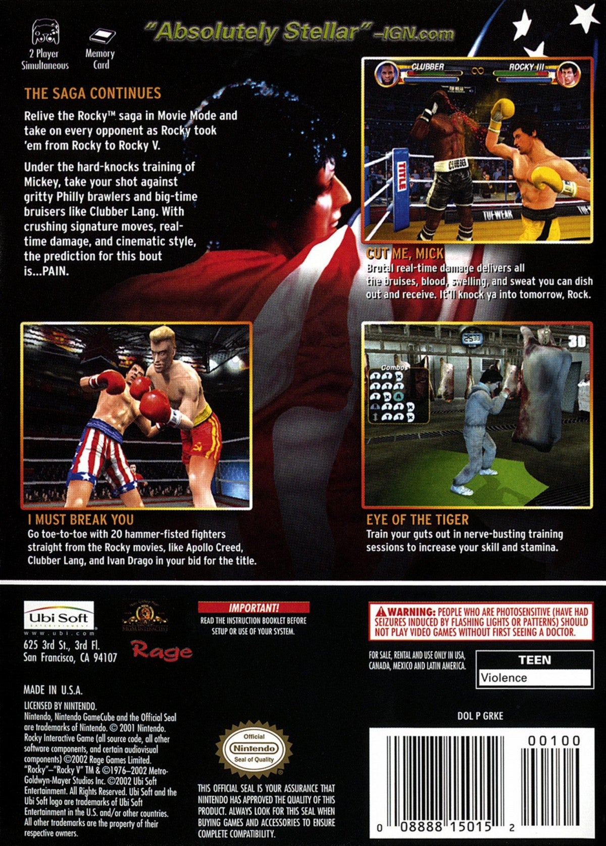 Back cover art for Rocky GameCube GC video game, boxing sports action, fight simulation, multiplayer, classic Nintendo GameCube title, movie tie-in