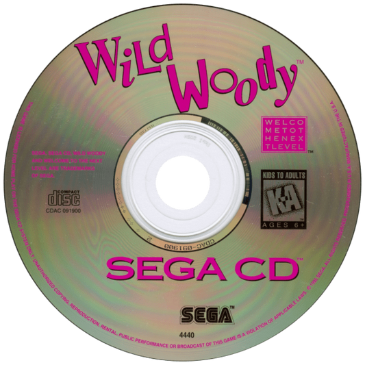 Wild Woody Sega CD platformer action game cartoon style gameplay animated pencil character side scrolling adventure Sega CD classic quirky retro platforming collectible Sega CD software video game title disc