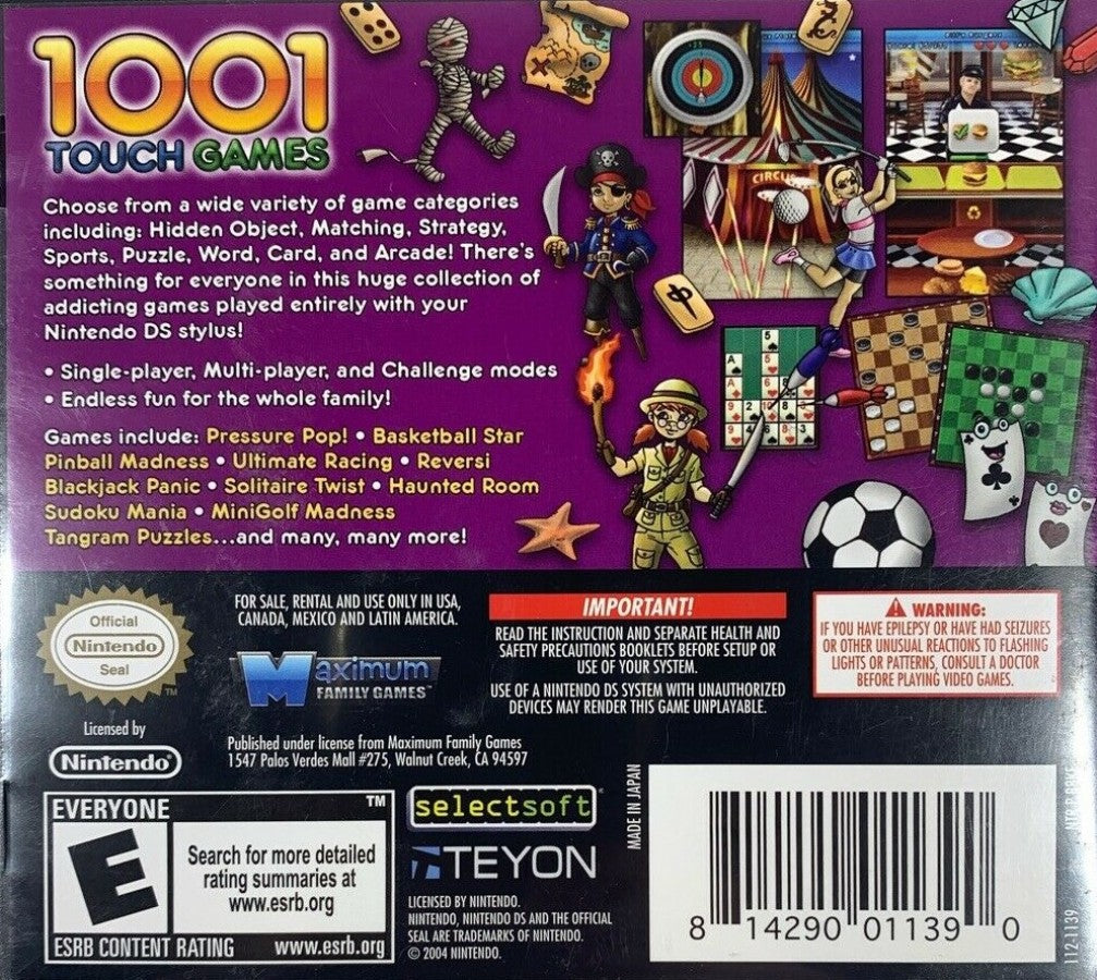 1001 Touch Games back cover art for Nintendo DS (DS) video game