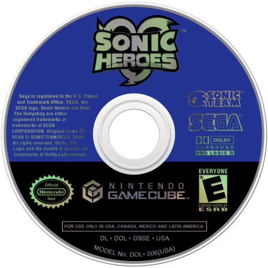 Sonic Heroes GameCube game featuring fast-paced team-based platforming, colorful 3D levels, and classic Sonic the Hedgehog action adventure disc