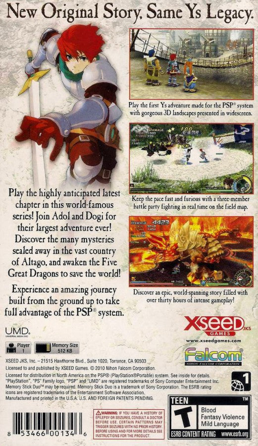 Ys Seven back of case for PlayStation Portable (PSP) action role-playing game
