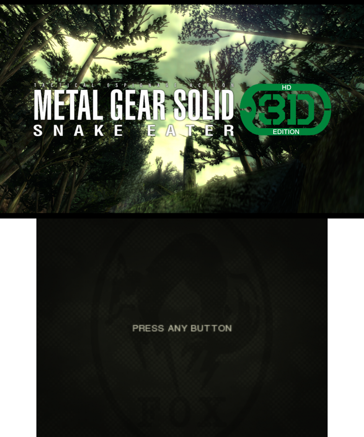 Metal Gear Solid 3D: Snake Eater start screen for Nintendo 3DS (3DS) stealth action video game
