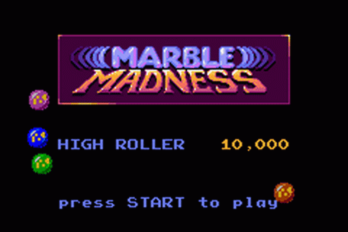 Marble Madness game title screen with text on a black background for GameBoy Advance