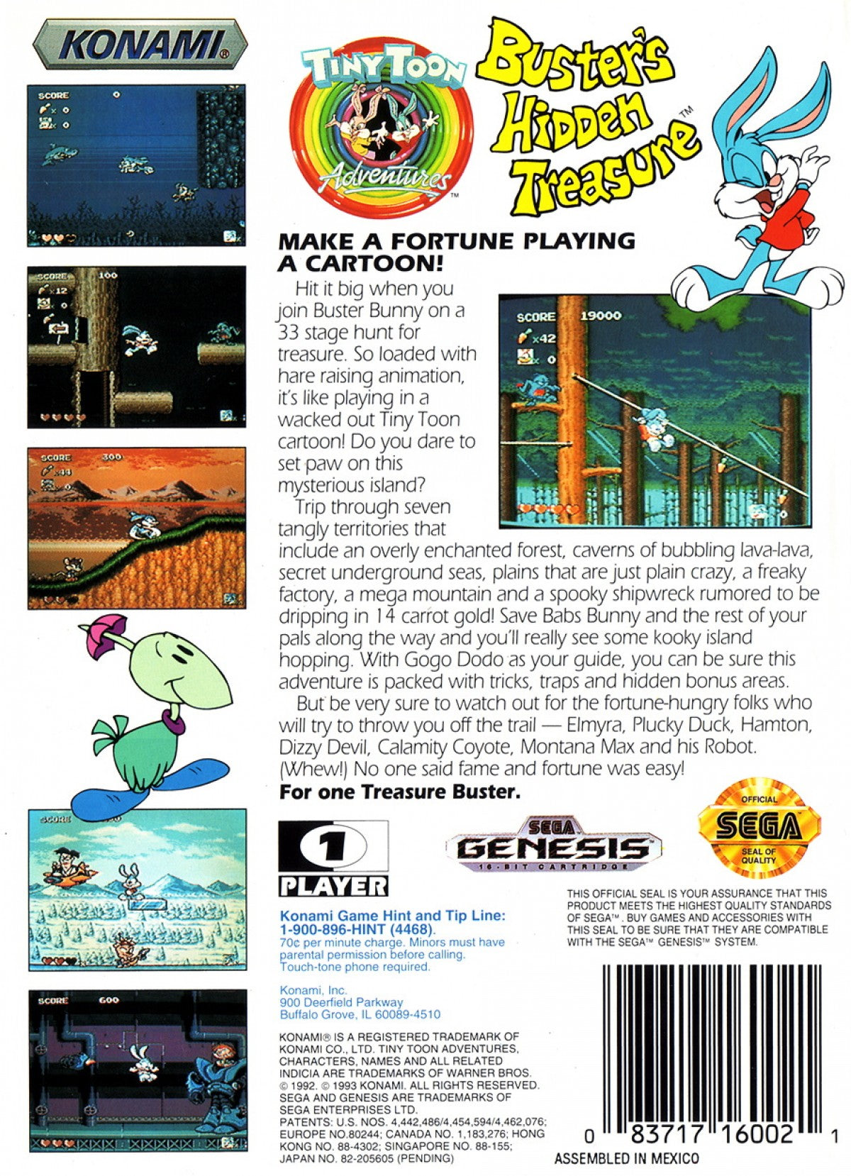 Tiny Toon Adventures Busters Hidden Treasure retro Sega Genesis video game featuring side scrolling platform gameplay, cartoon character action, obstacle challenges and classic Genesis entertainment - back of case