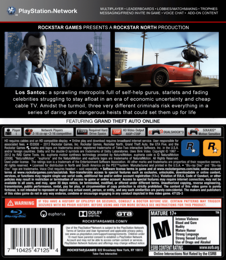 Grand Theft Auto V back cover art for PlayStation 3 PS3 video game