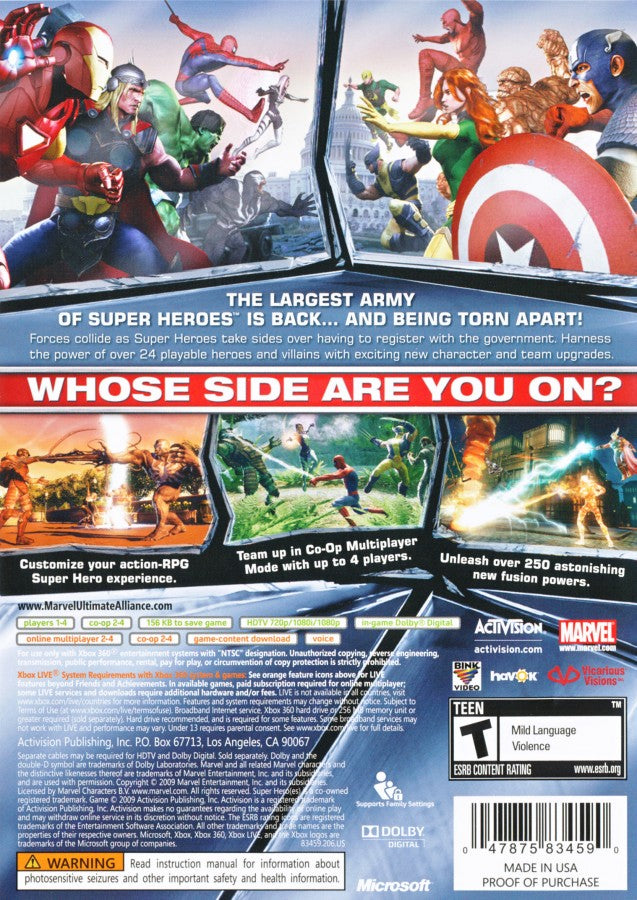 Marvel: Ultimate Alliance 2 back cover art for Xbox 360 (X360) action role-playing superhero video game