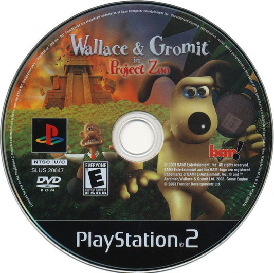 Wallace & Gromit: Project Zoo for PlayStation 2 action platformer adventure game based on the Aardman characters featuring puzzle solving exploration gadgets family friendly gameplay disc