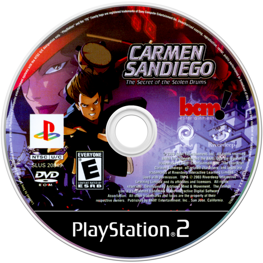 Carmen Sandiego: The Secret of the Stolen Drums for PlayStation 2 with adventure puzzle-solving theme disc