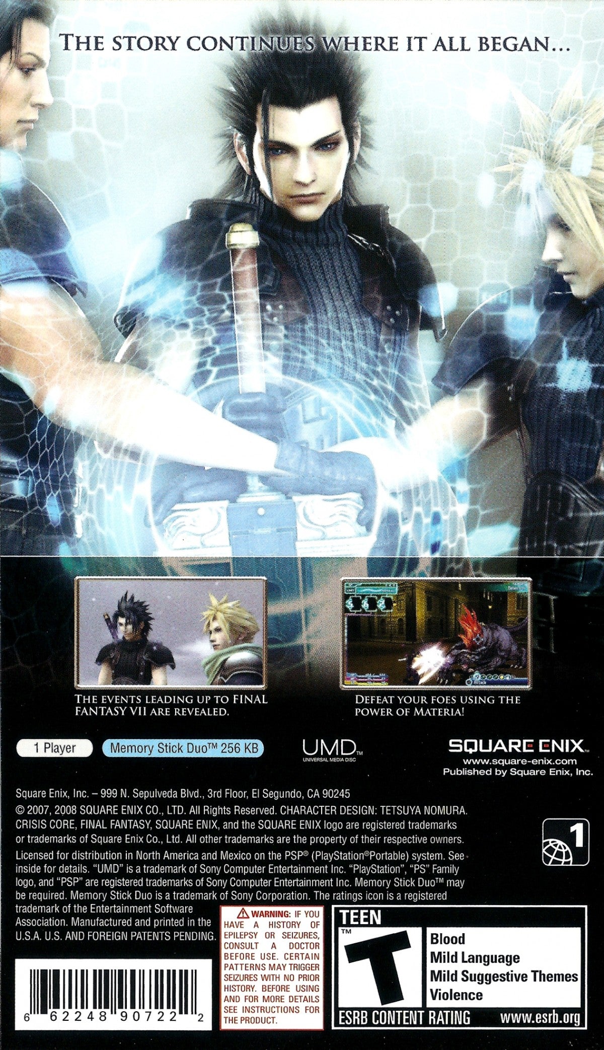 Final Fantasy VII: Crisis Core back of case for PlayStation Portable (PSP) action RPG video game
