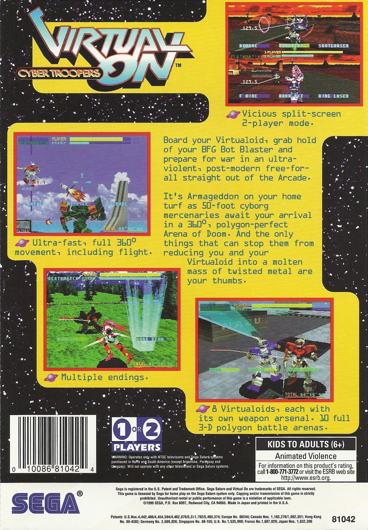Virtual On Cyber Troopers Sega Saturn arcade mech fighting game 3D arena combat twin stick shooter robot battles SEGA AM3 fast paced versus gameplay retro Saturn game classic arcade port Sega Saturn software video game title back cover