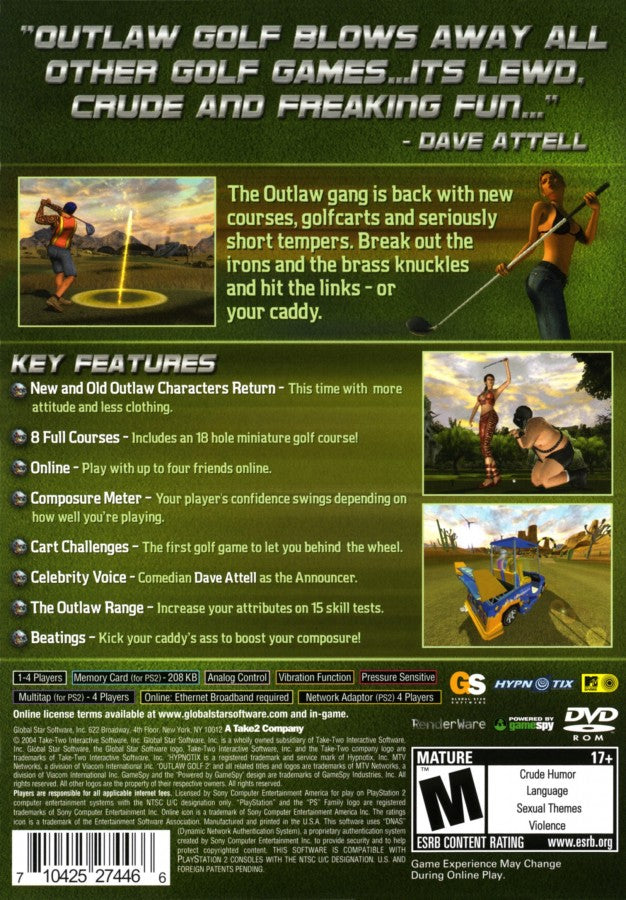 Outlaw Golf 2 – PlayStation 2 (PS2) video game back of case, comedic golf sports simulation game.