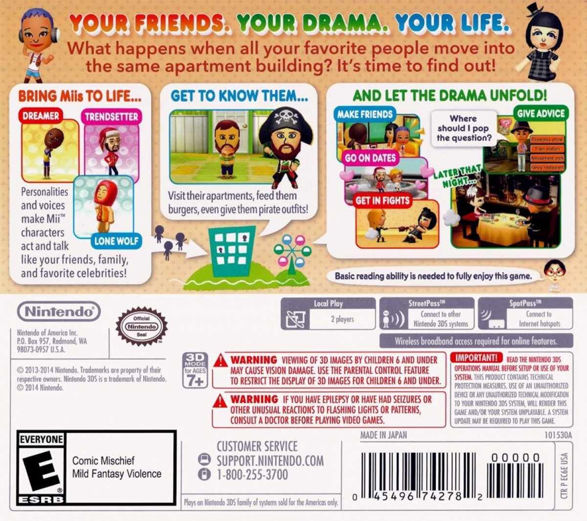 Tomodachi Life Nintendo Selects edition for Nintendo 3DS life simulation game featuring Mii characters island life social interactions mini games quirky humor gameplay back cover