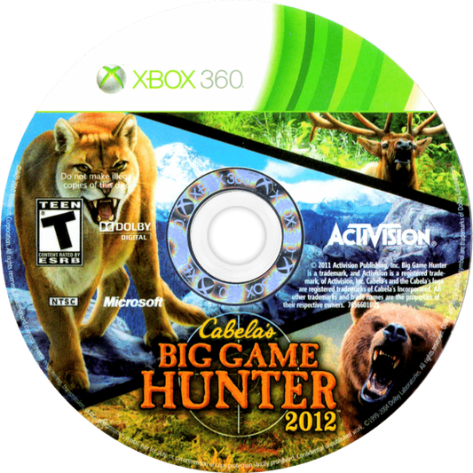 Cabela's Big Game Hunter 2012 disc for Xbox 360 (X360) hunting simulation video game