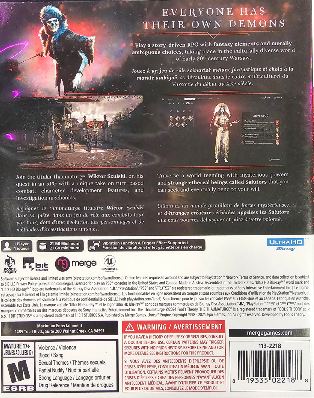 The Thaumaturge PlayStation 5 PS5 for narrative role playing video game fans featuring supernatural investigations early 20th century Warsaw exploration occult mysteries detective gameplay turn based combat spirit abilities character progression moral choices and atmospheric historical storytelling collectible gaming appeal back cover art