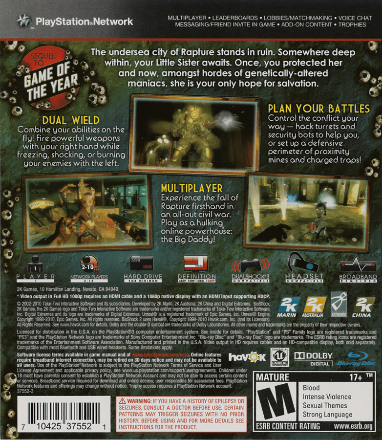 BioShock 2 PS3 atmospheric first-person action game set in the underwater city of Rapture with steampunk visuals and intense combat gameplay back cover art