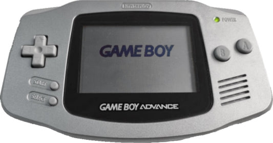 Front view of a platinum Game Boy Advance console powered on, showing its metallic silver casing, screen display, and button layout