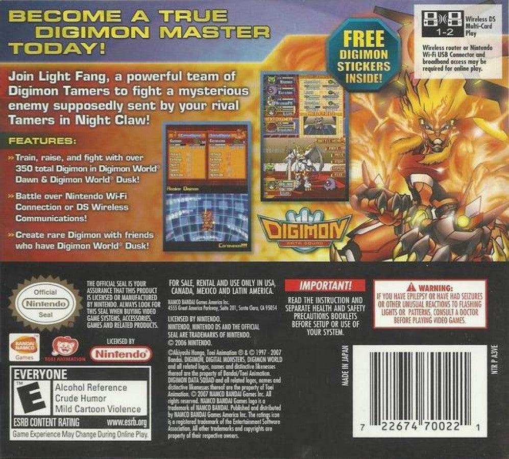 Digimon World: Dawn back of case for Nintendo DS (DS) monster-raising RPG adventure video game