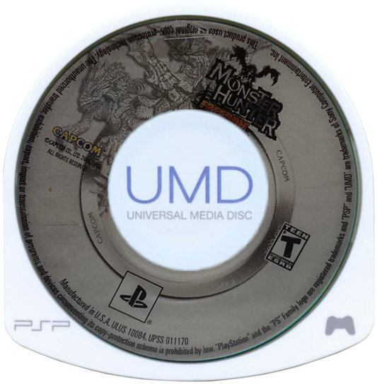 Monster Hunter Freedom PlayStation Portable PSP video game, action RPG, cooperative monster hunting, handheld console title disc cartridge UMD
