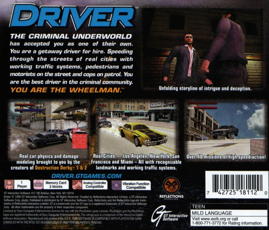 Driver: You are the Wheelman back of case for PlayStation 1 (PS1) retro video game