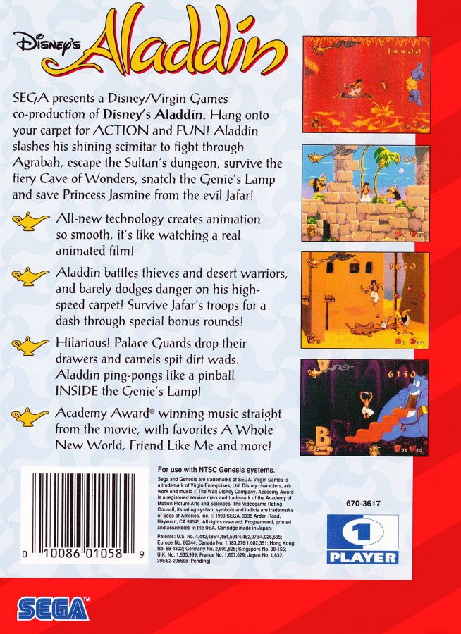 Disney's Aladdin back cover art for Sega Genesis (GEN) video game