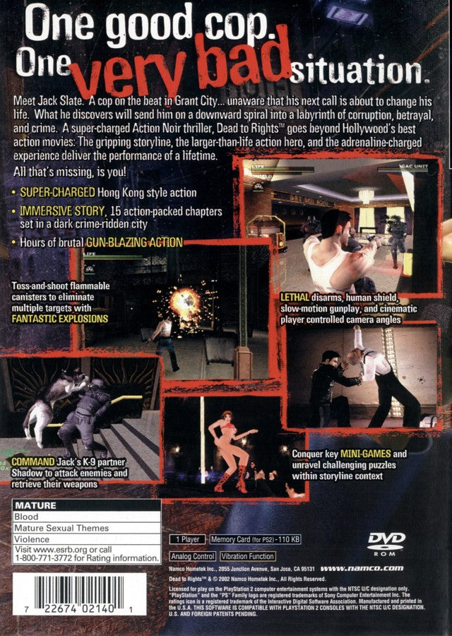 Dead to Rights for PlayStation 2 with third-person action and crime-fighting gameplay theme back cover art