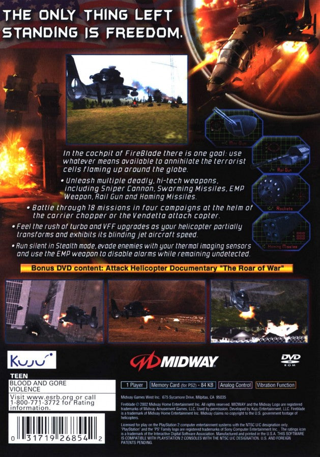 Fire Blade PS2 PlayStation 2 helicopter combat action game aerial shooter military missions arcade flight combat retro video game back of case