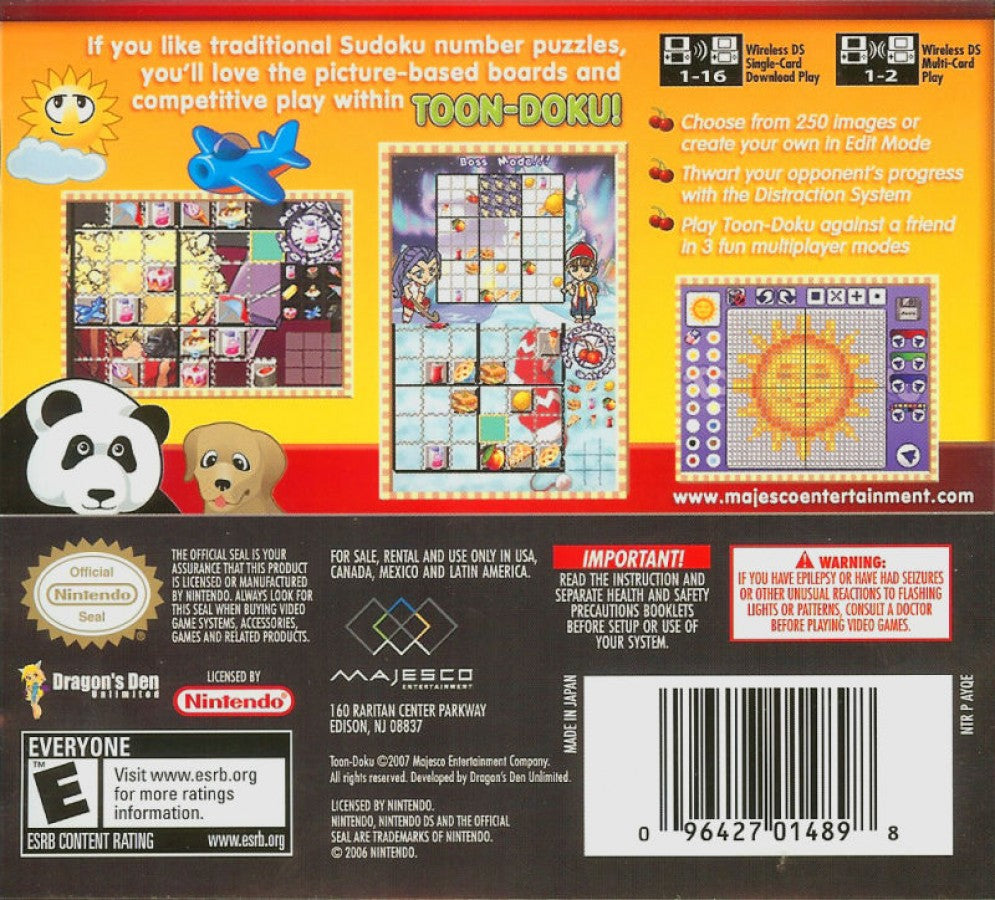 Toon-doku Nintendo DS video game, cartoon-style Sudoku puzzle gameplay, logic and number challenges, handheld console title back cover