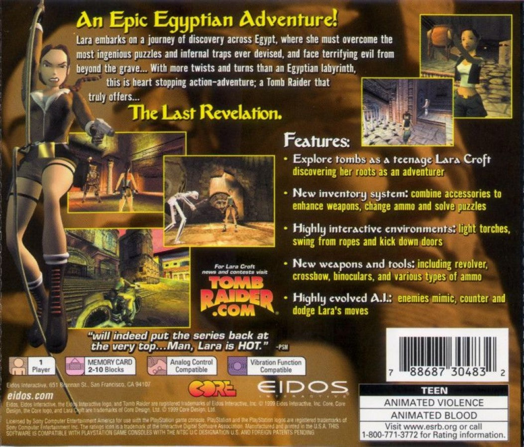 Tomb Raider The Last Revelation back cover art PlayStation 1 (PS1) video game, action adventure, exploration and puzzle solving, classic Lara Croft title