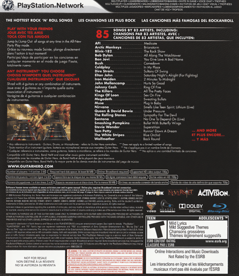 Guitar Hero 5 back cover art for PlayStation 3 (PS3) video game