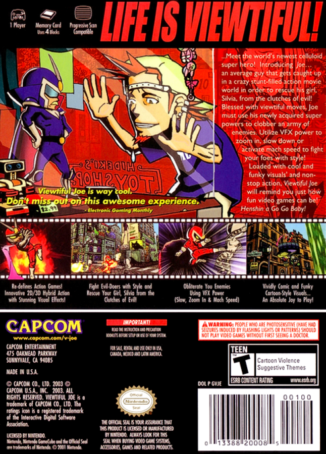 Viewtiful Joe back of case for Nintendo GameCube (GC) side-scrolling action beat 'em up video game