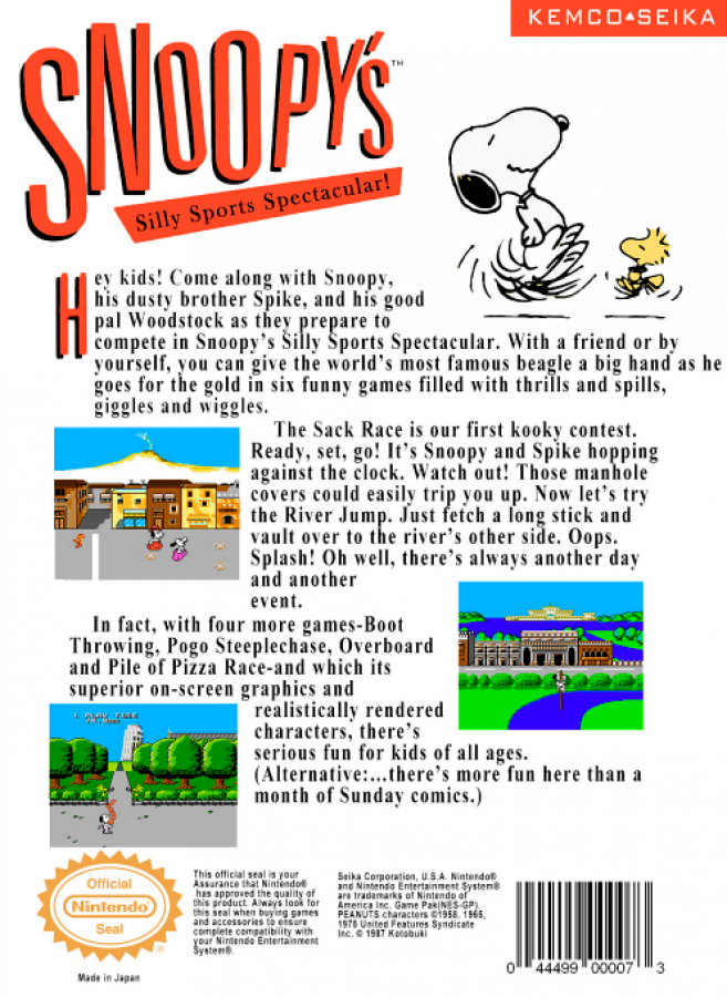 Snoopy's Silly Sports back of box for Nintendo Entertainment System (NES) retro video game