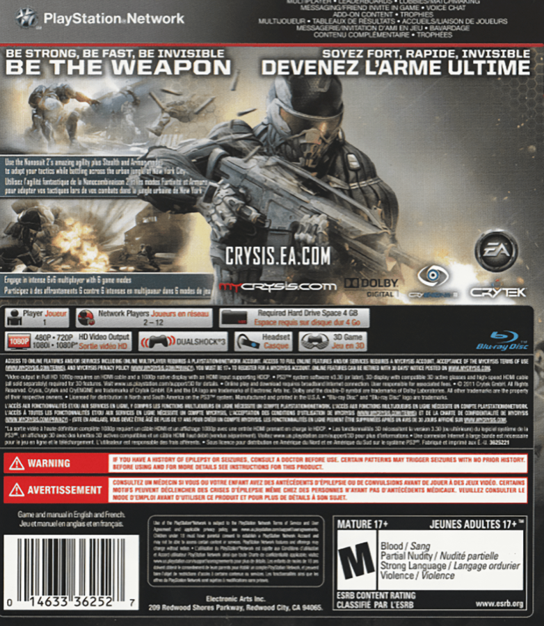 Crysis 2 back cover art for PlayStation 3 (PS3) video game