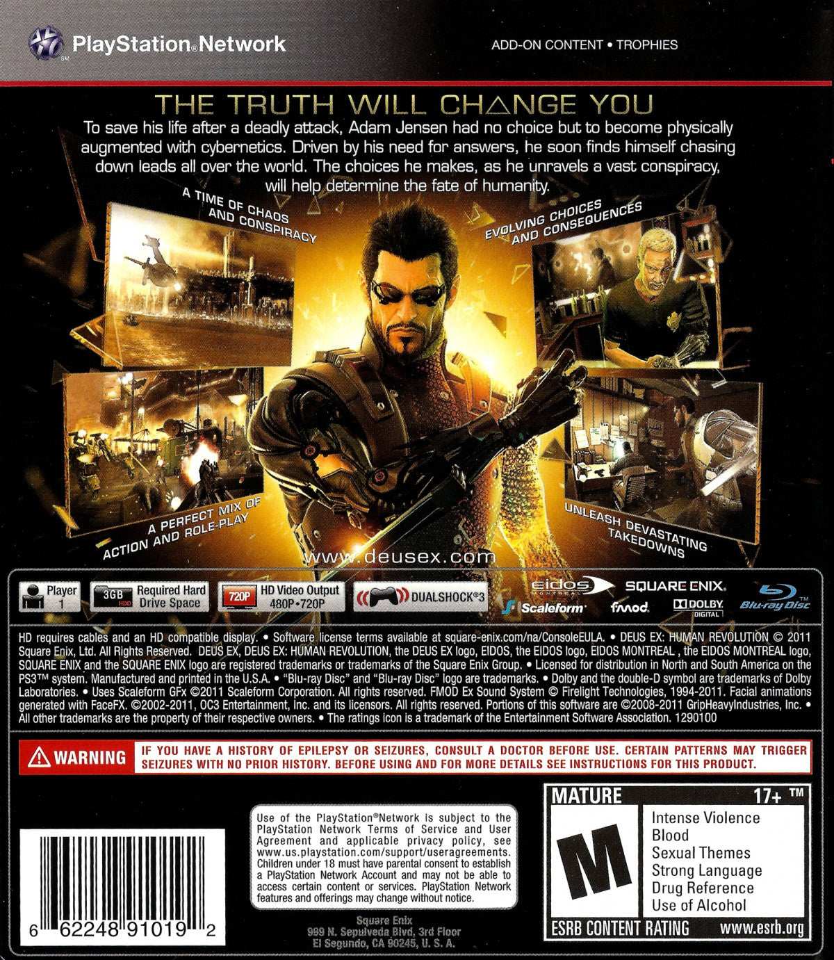 Deus Ex Human Revolution back cover art for PlayStation 3 (PS3) video game.