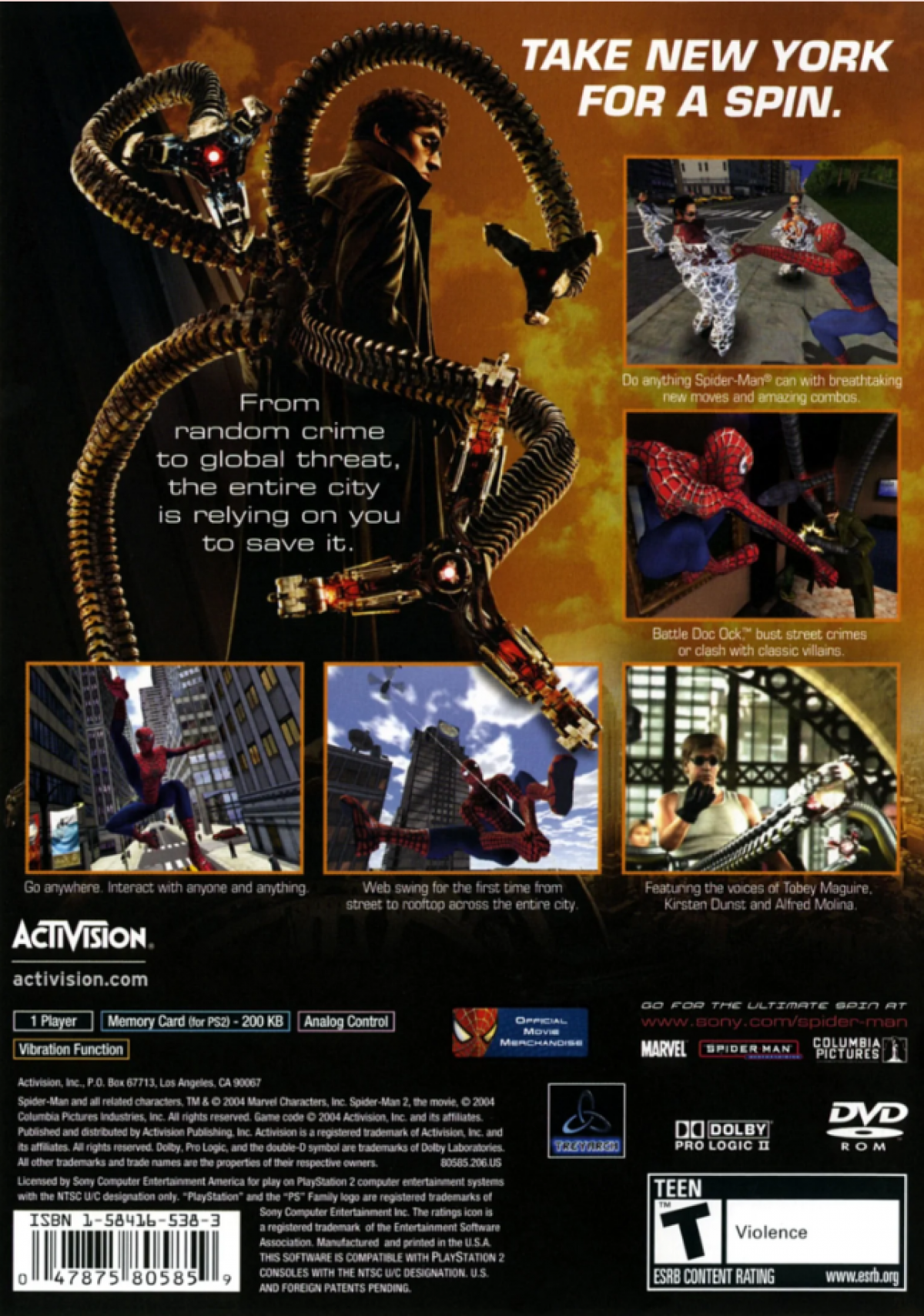 Spider-Man 2 Greatest Hits PlayStation 2 PS2 video game, open-world action adventure, superhero web-slinging gameplay, Marvel console title back cover