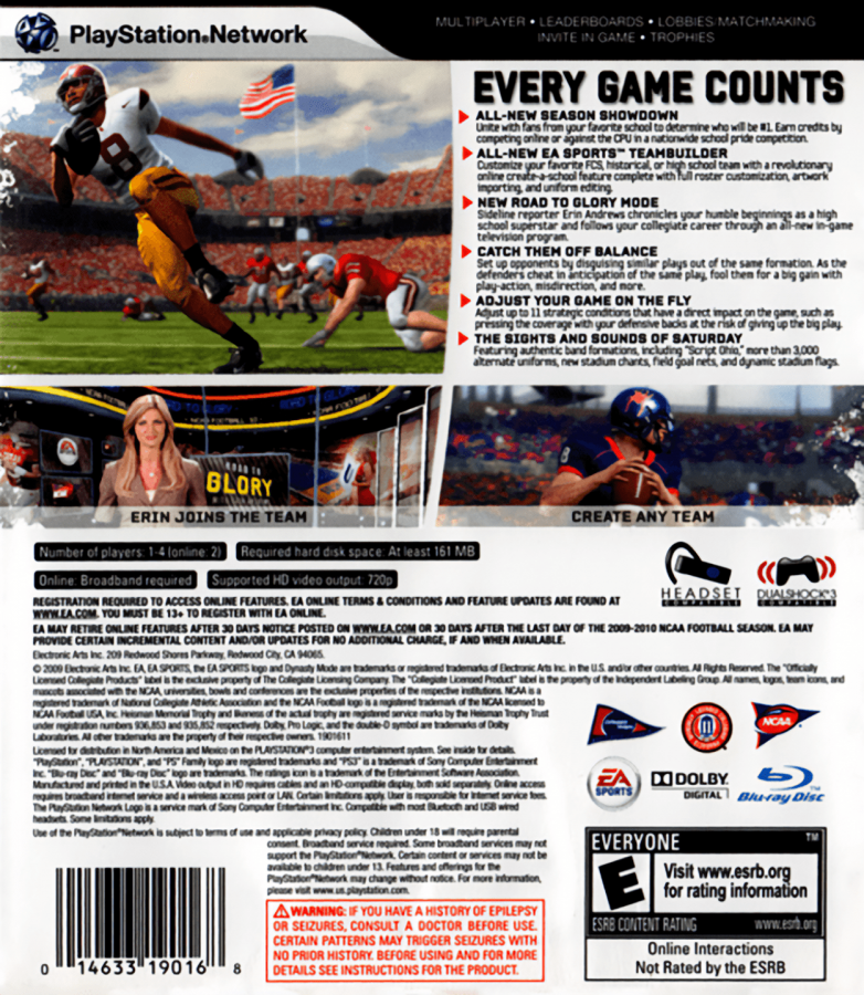 NCAA Football 10 back cover art for PlayStation 3 PS3 video game