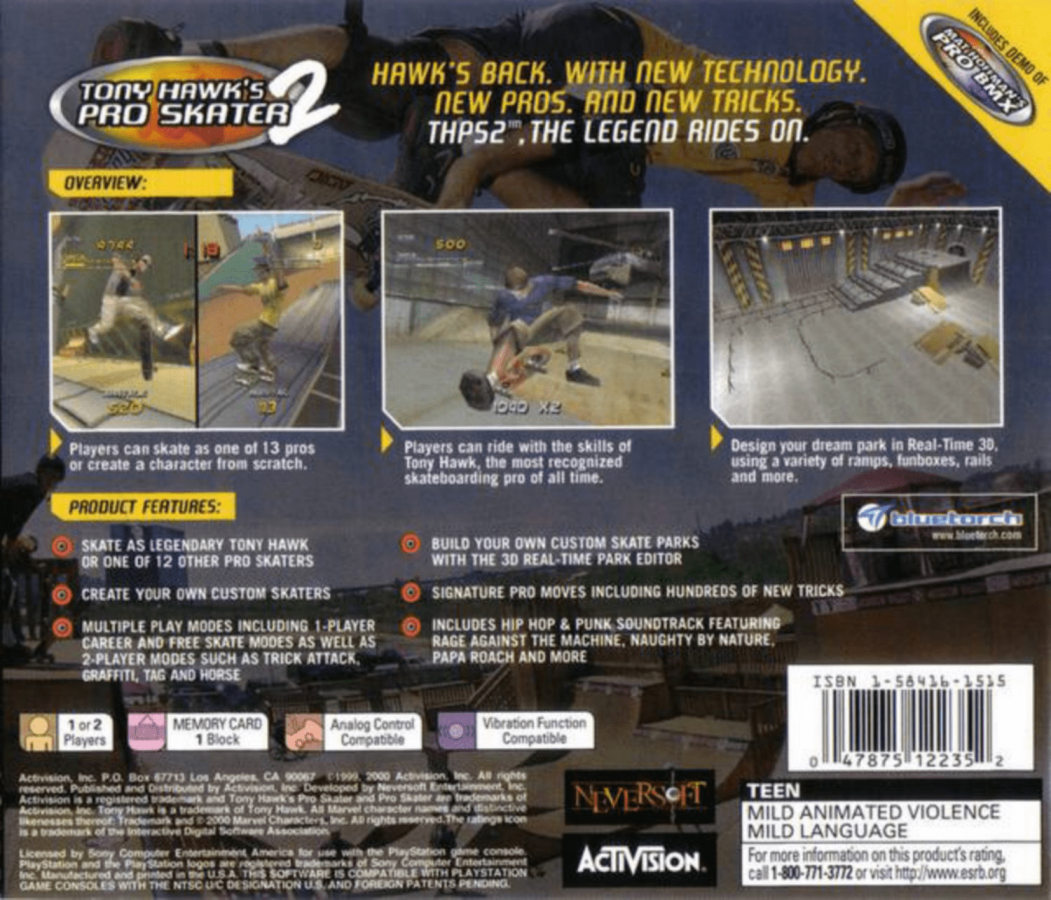Tony Hawk’s Pro Skater 2 back cover art for PlayStation 1 (PS1) video game, skateboarding sports action, trick-based gameplay, iconic extreme sports classic