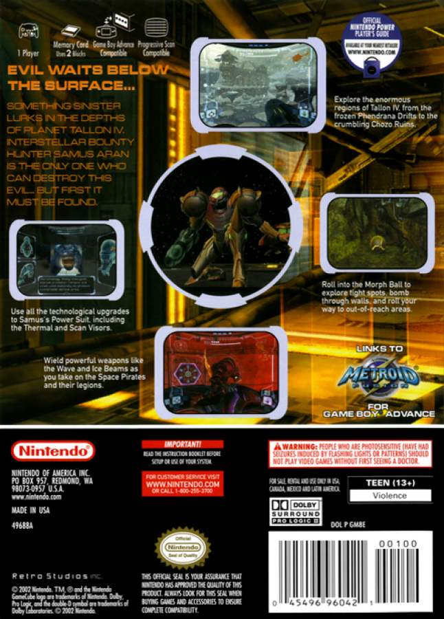 Metroid Prime for GameCube (GC) at Gamers INC, featuring an atmospheric first-person adventure that redefined the Metroid series with immersive exploration, scanning and lore discovery, intense boss fights, and seamless progression through the alien world of Tallon IV as Samus Aran hunts down the Space Pirates and the mysterious Phazon threat back cover