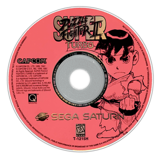 Super Puzzle Fighter II Turbo PS1 and Sega Saturn Capcom puzzle fighting game gem matching mechanics Street Fighter Darkstalkers chibi characters competitive versus gameplay chain combos retro gaming software video game title disc