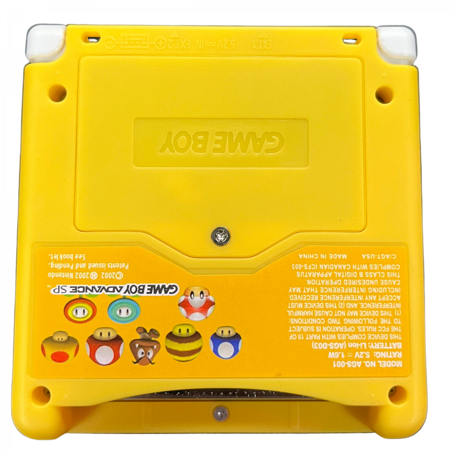 Custom Question Block Shell Game Boy Advance SP GBA SP handheld gaming console featuring Super Mario Bros Question Block design custom shell IPS backlit screen enhanced display vibrant colors adjustable viewing experience foldable clamshell design rechargeable battery portable Nintendo gaming hardware retro gaming collection collectible handheld console appeal