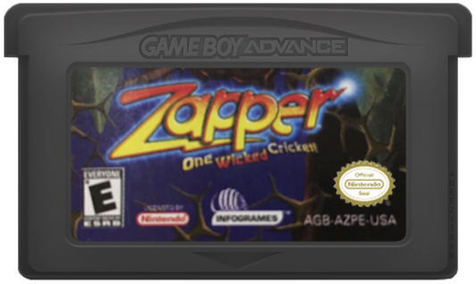 Zapper for Game Boy Advance, cartridge for an action platformer video game with arcade-style gameplay, obstacle navigation, bug-themed levels, and fast-paced challenges